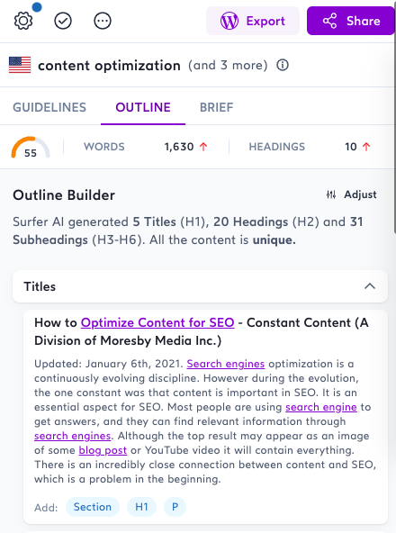 Surfer content editor outline generator for phase "content optimization"