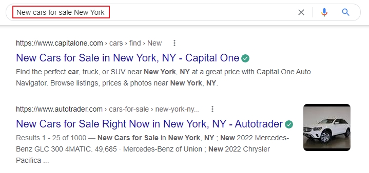 Google SERP result for "New cars for sale New York"