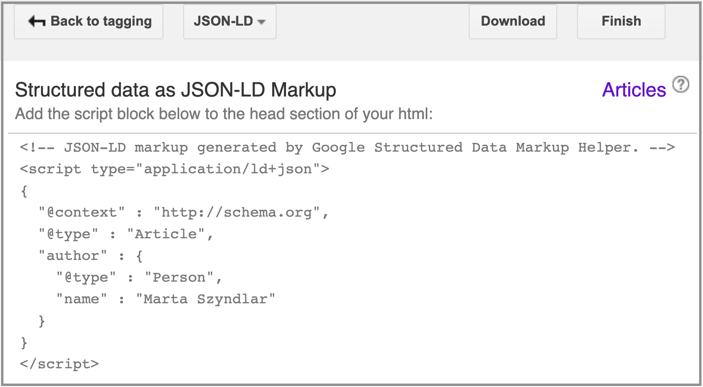 script block in google's structured data markup helper