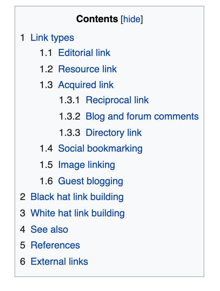 table of content for link building on wikipedia