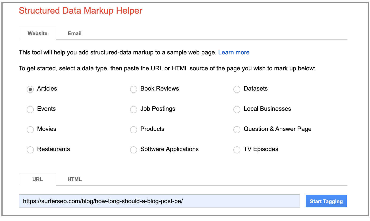 the first menu of google structured data markup helper