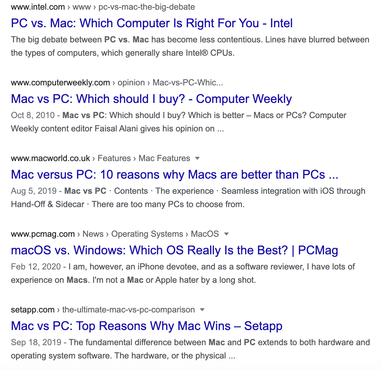 SERP for mac vs pc query