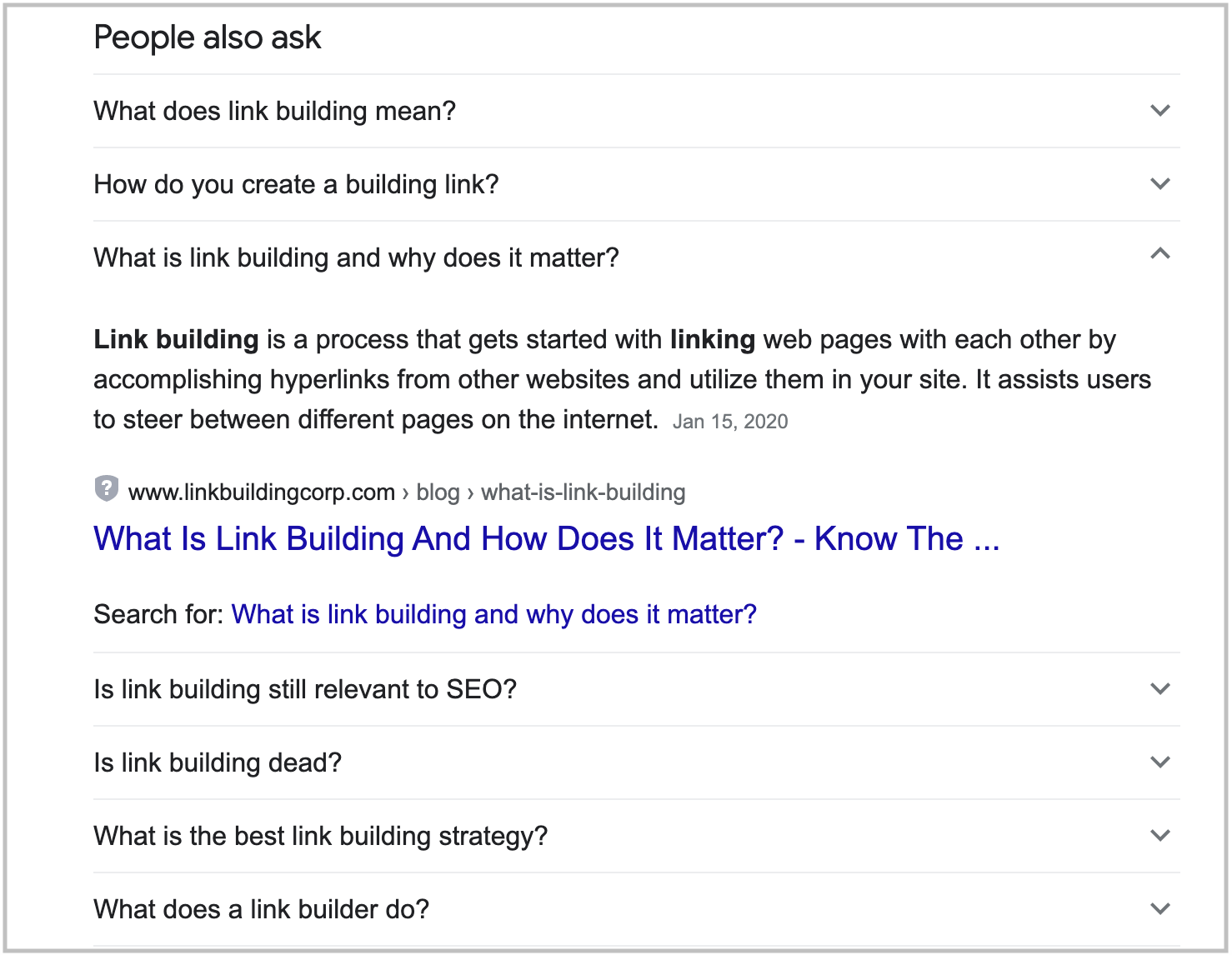 people also ask box in search results for link building keyword