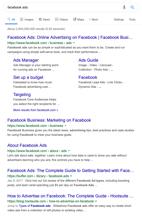 SERP for "facebook ad" keyword