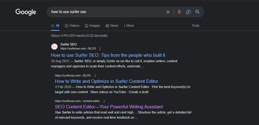 screenshot showing search results for "how to use surfer SEO"