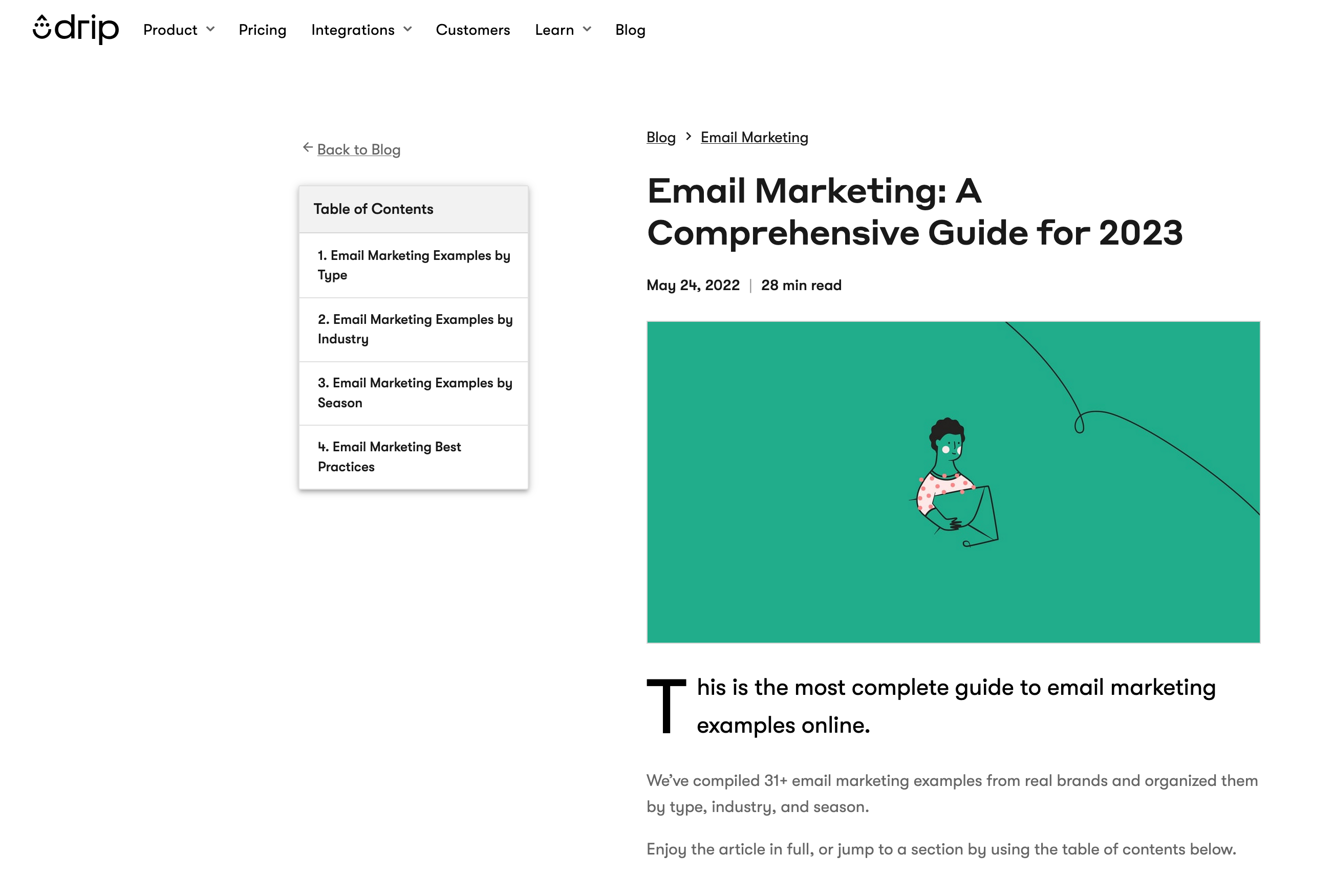 Drip's email marketing guide pillar page. 