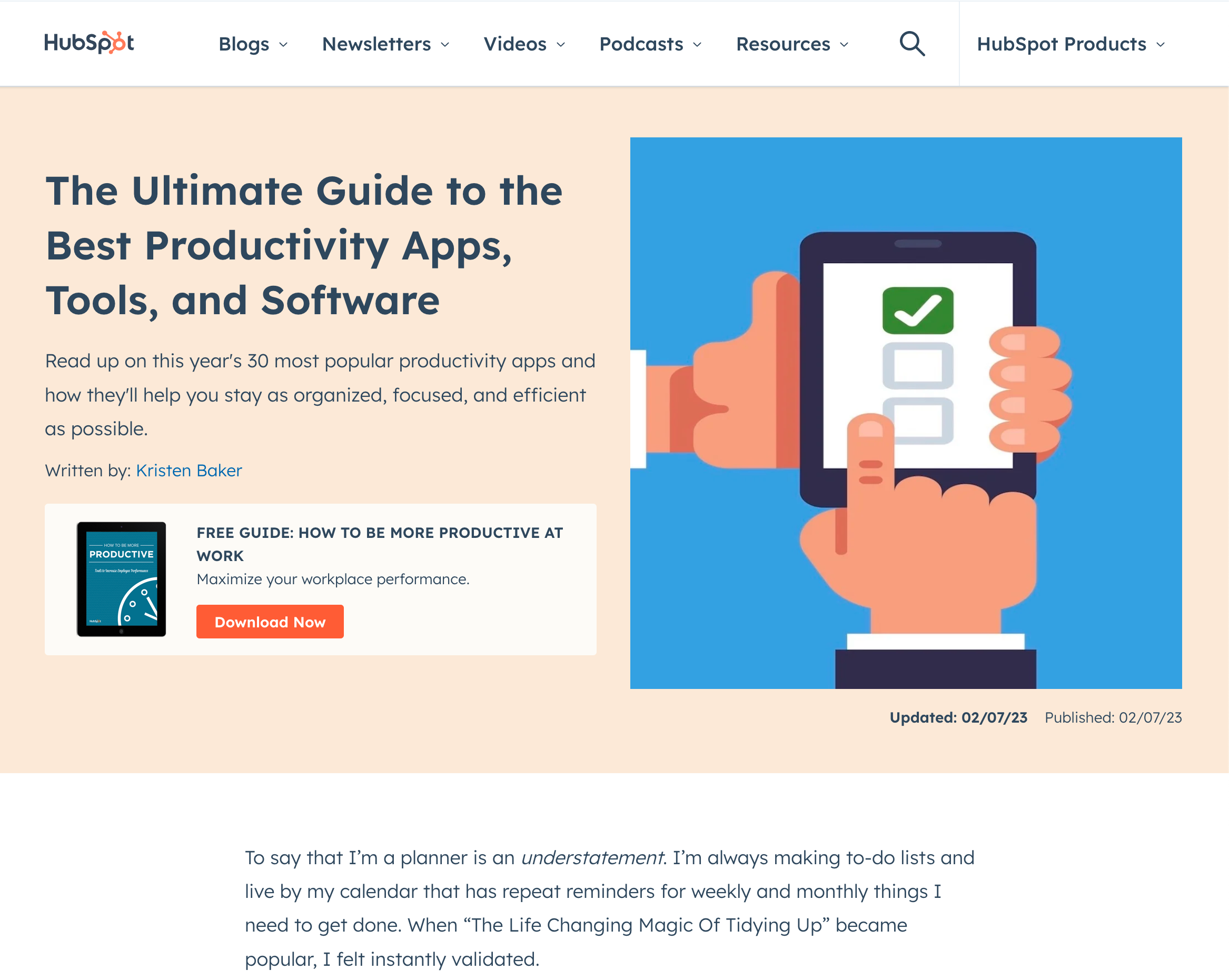 Hubspot's productivity guide pillar page.