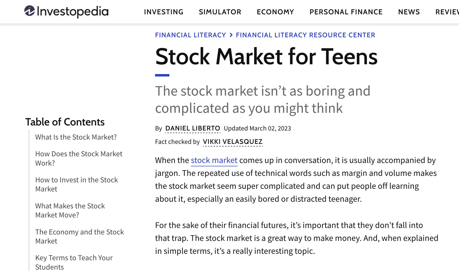 Investopedia's stock market for teens pillar page.