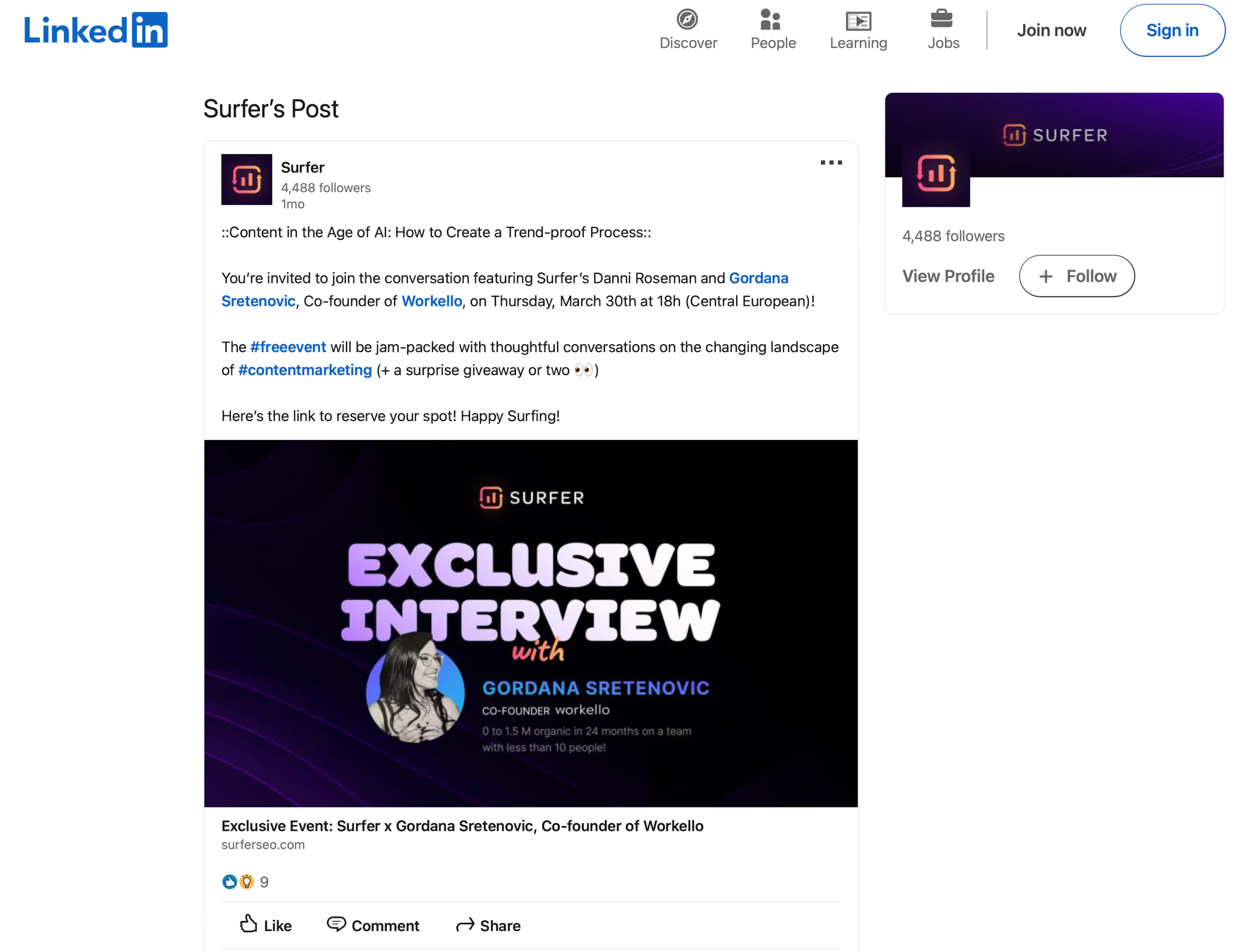 Example of Surfer SEO sharing content on LinkedIn