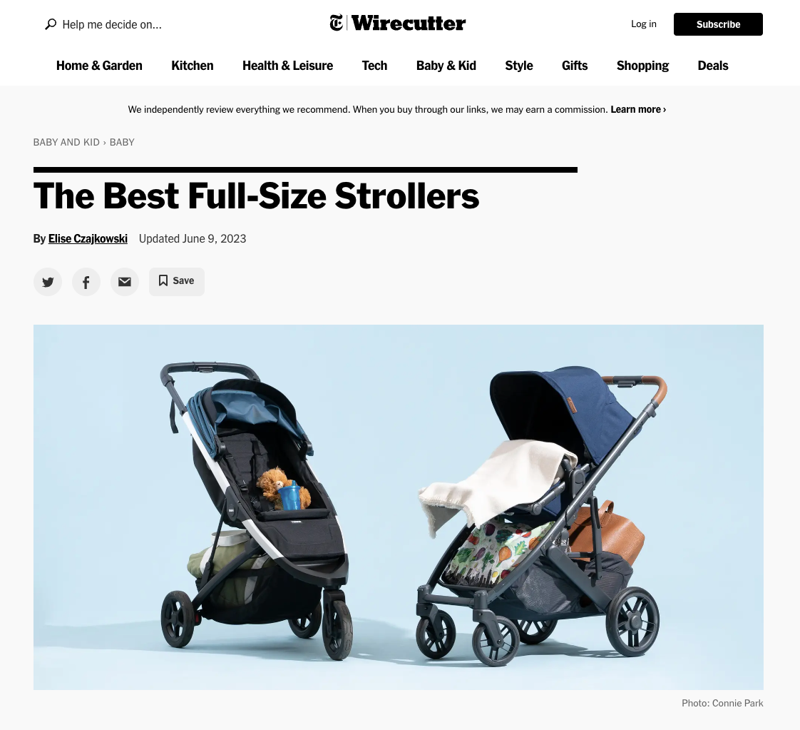 The headline for wirecutter's baby stroller page 